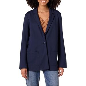 Amazon Essentials Soft Ponte One-Button Stretch Navy Blue Unlined Long Blazer